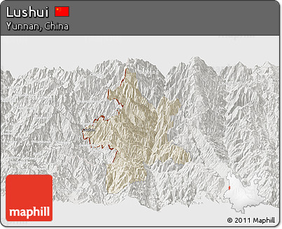 Shaded Relief Panoramic Map of Lushui, lighten, semi-desaturated