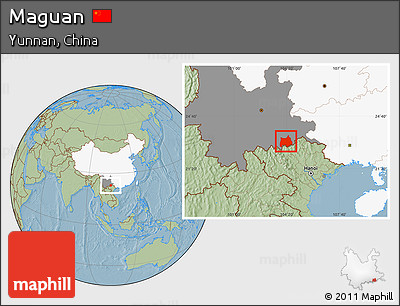 Savanna Style Location Map of Maguan, highlighted country, highlighted parent region, hill shading