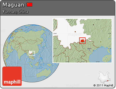 Savanna Style Location Map of Maguan, highlighted parent region, hill shading