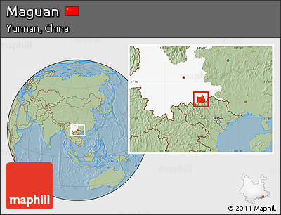 Savanna Style Location Map of Maguan, highlighted parent region, hill shading