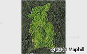 Satellite 3D Map of Mengla, darken, semi-desaturated