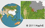 Satellite Location Map of Menglian, highlighted country, highlighted parent region