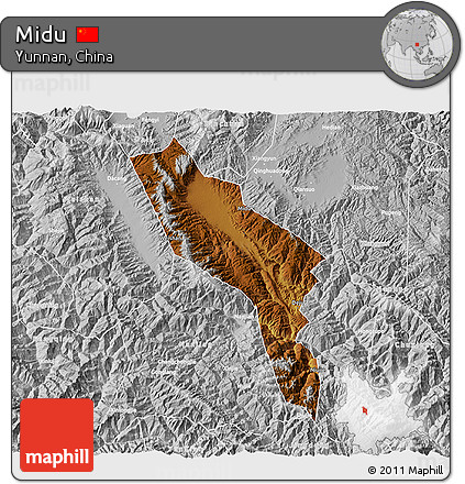 Physical 3D Map of Midu, lighten, desaturated