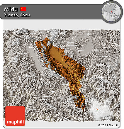 Physical 3D Map of Midu, lighten, semi-desaturated