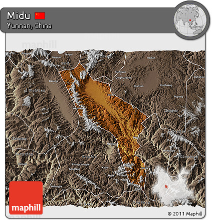 Physical 3D Map of Midu, semi-desaturated