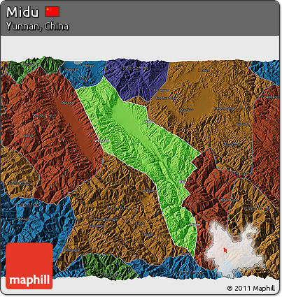 Political 3D Map of Midu, darken