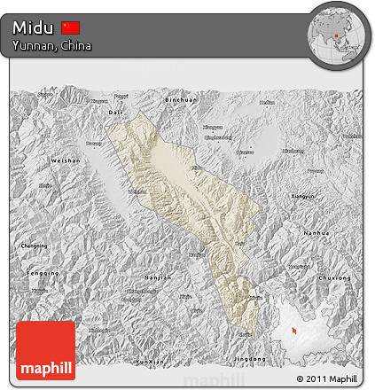 Shaded Relief 3D Map of Midu, desaturated