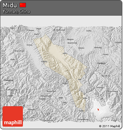 Shaded Relief 3D Map of Midu, desaturated