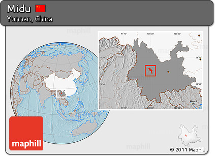 Gray Location Map of Midu, highlighted country, highlighted parent region, hill shading