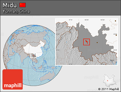 Gray Location Map of Midu, highlighted country, highlighted parent region, hill shading
