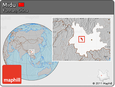 Gray Location Map of Midu, highlighted parent region, hill shading
