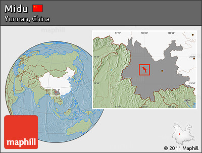 Savanna Style Location Map of Midu, highlighted country, highlighted parent region, hill shading