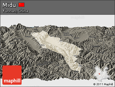 Shaded Relief Panoramic Map of Midu, darken