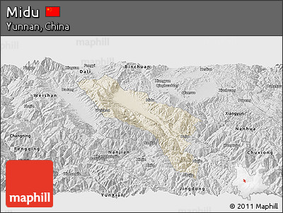 Shaded Relief Panoramic Map of Midu, desaturated