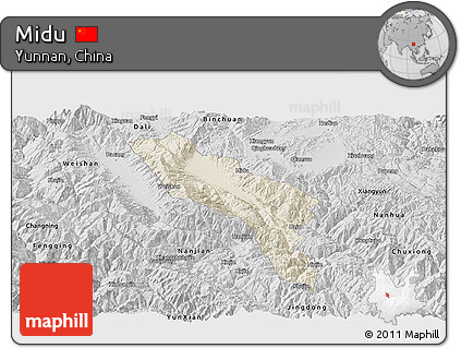 Shaded Relief Panoramic Map of Midu, desaturated