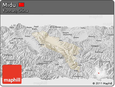 Shaded Relief Panoramic Map of Midu, desaturated
