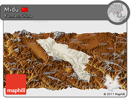 Shaded Relief Panoramic Map of Midu, physical outside