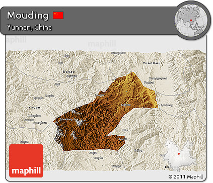 Physical 3D Map of Mouding, shaded relief outside