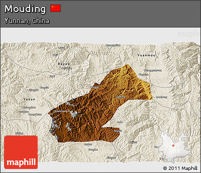 Physical 3D Map of Mouding, shaded relief outside