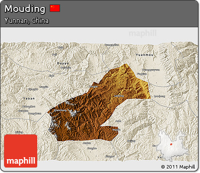 Physical 3D Map of Mouding, shaded relief outside