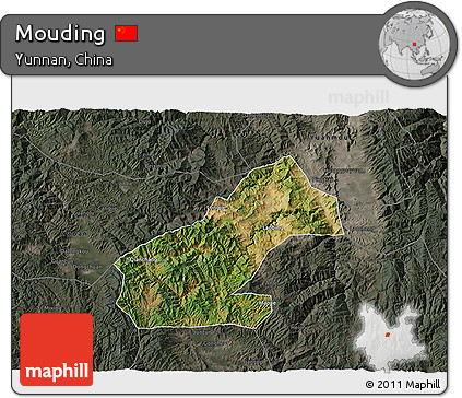 Satellite 3D Map of Mouding, darken, semi-desaturated