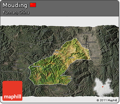 Satellite 3D Map of Mouding, darken, semi-desaturated
