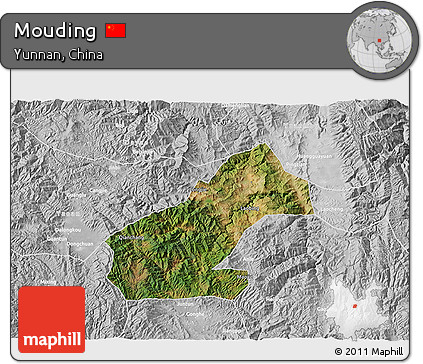 Satellite 3D Map of Mouding, lighten, desaturated