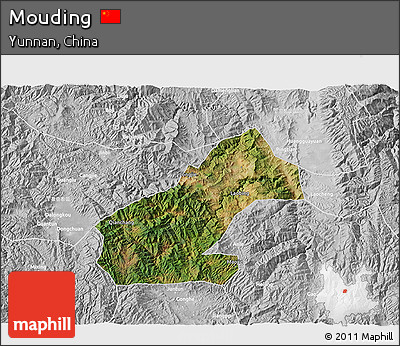 Satellite 3D Map of Mouding, lighten, desaturated