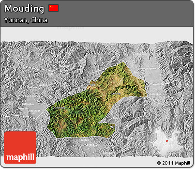 Satellite 3D Map of Mouding, lighten, desaturated