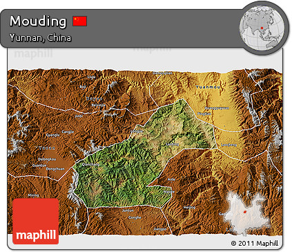 Satellite 3D Map of Mouding, physical outside