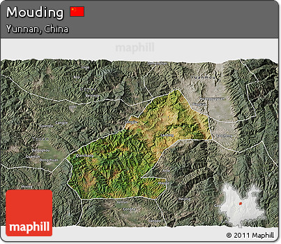 Satellite 3D Map of Mouding, semi-desaturated