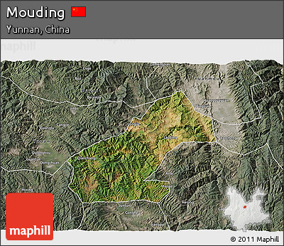 Satellite 3D Map of Mouding, semi-desaturated