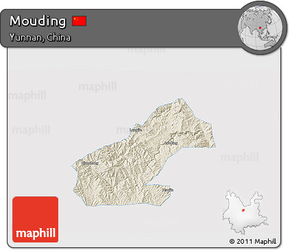 Shaded Relief 3D Map of Mouding, single color outside