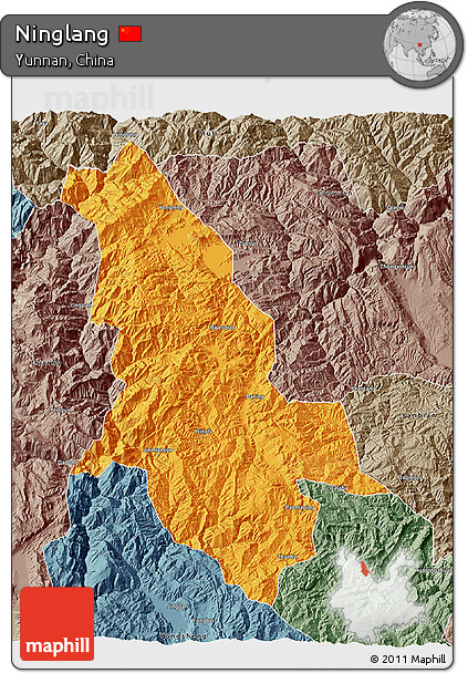 Political 3D Map of Ninglang, semi-desaturated