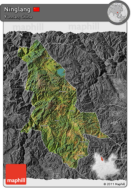 Satellite 3D Map of Ninglang, desaturated