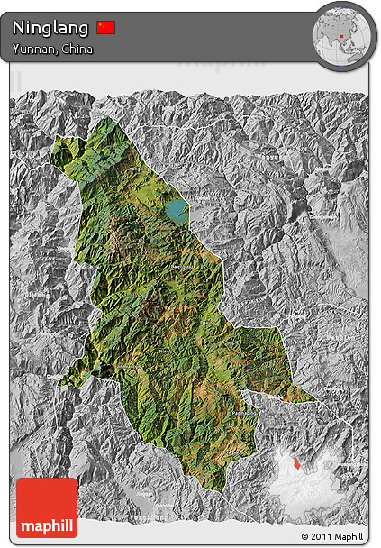 Satellite 3D Map of Ninglang, lighten, desaturated