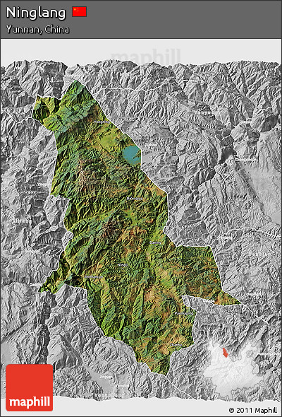 Satellite 3D Map of Ninglang, lighten, desaturated