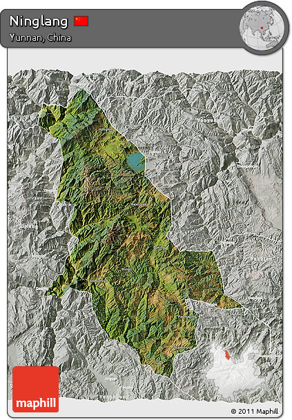 Satellite 3D Map of Ninglang, lighten, semi-desaturated