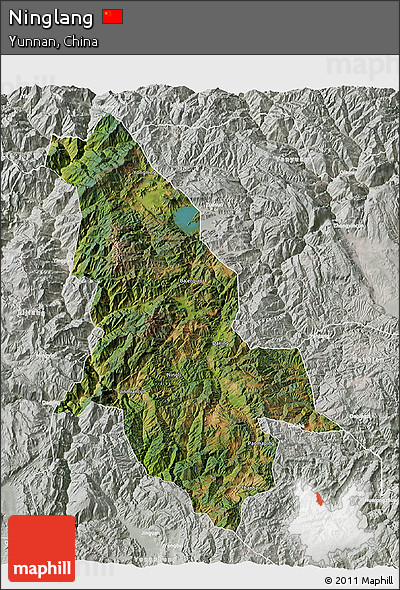 Satellite 3D Map of Ninglang, lighten, semi-desaturated