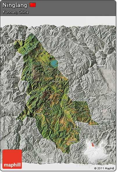 Satellite 3D Map of Ninglang, lighten, semi-desaturated