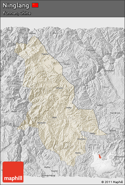 Shaded Relief 3D Map of Ninglang, desaturated