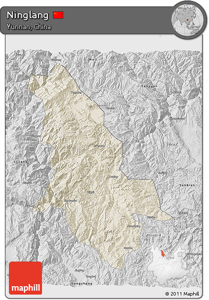 Shaded Relief 3D Map of Ninglang, desaturated