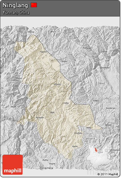 Shaded Relief 3D Map of Ninglang, desaturated