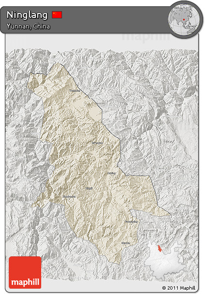 Shaded Relief 3D Map of Ninglang, lighten, semi-desaturated