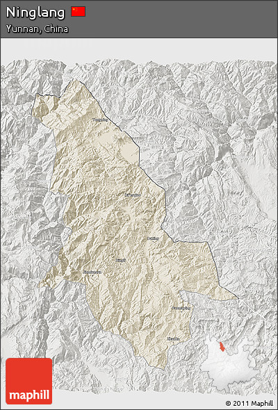 Shaded Relief 3D Map of Ninglang, lighten, semi-desaturated