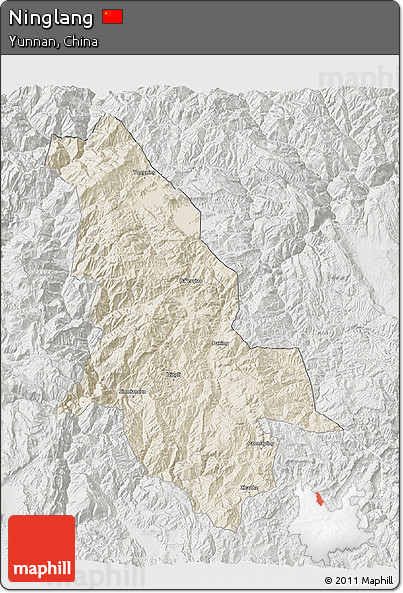 Shaded Relief 3D Map of Ninglang, lighten, semi-desaturated