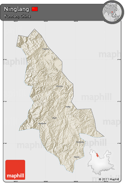 Shaded Relief Map of Ninglang, single color outside