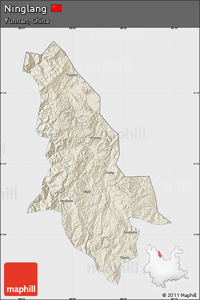 Shaded Relief Map of Ninglang, single color outside