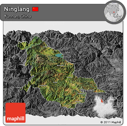 Satellite Panoramic Map of Ninglang, desaturated