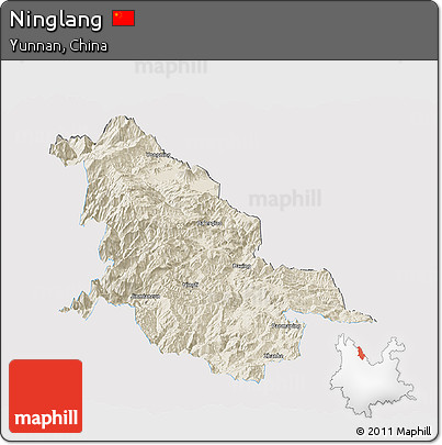 Shaded Relief Panoramic Map of Ninglang, single color outside